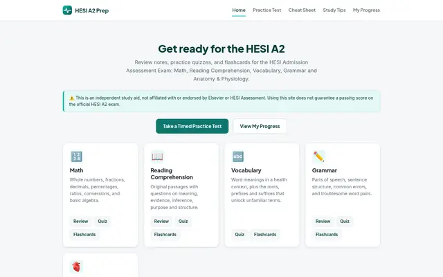 HESI A2 Prep home page with study sections for Math, Reading Comprehension, Vocabulary and Grammar