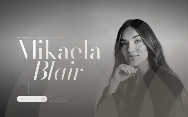 Mikaela Blair website home page with a black-and-white portrait and the name set in large serif type