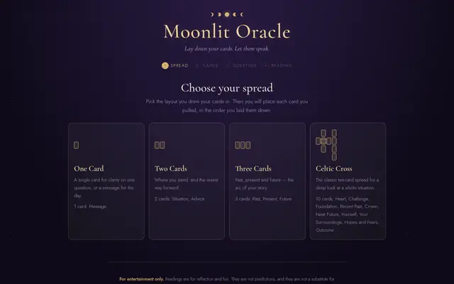 Moonlit Oracle tarot app showing the Choose your spread step with One Card, Two Cards, Three Cards and Celtic Cross options