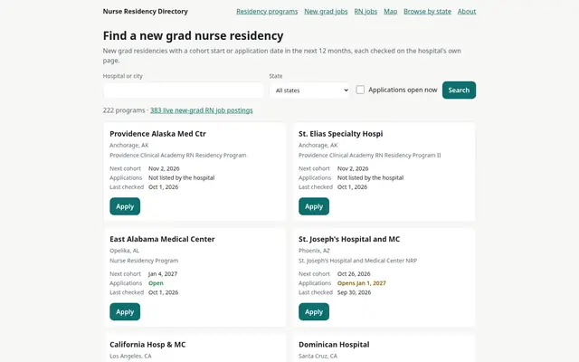 Nurse Residency Directory search page with hospital and state filters and a list of residency programs